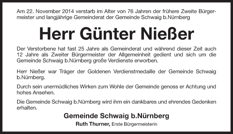  Traueranzeige für Günter Nießer vom 26.11.2014 aus Pegnitz-Zeitung